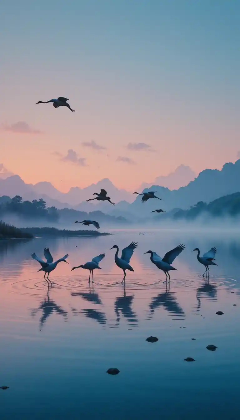 Grous graciosos deslizando sobre um lago sereno ao anoitecer