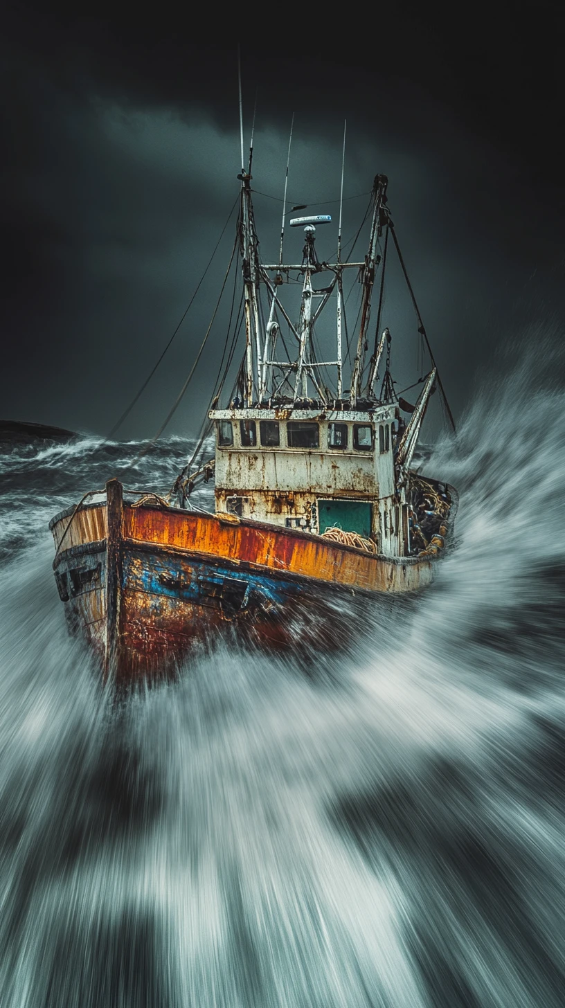 Colorful fishing boat battling waves on a stormy sea