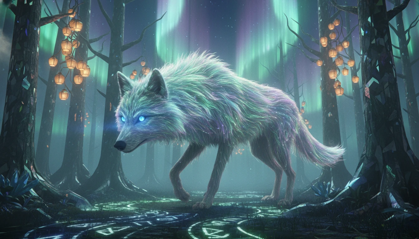 Spektralwolf, der durch einen invertierten Kristall-Fantasywald wandert