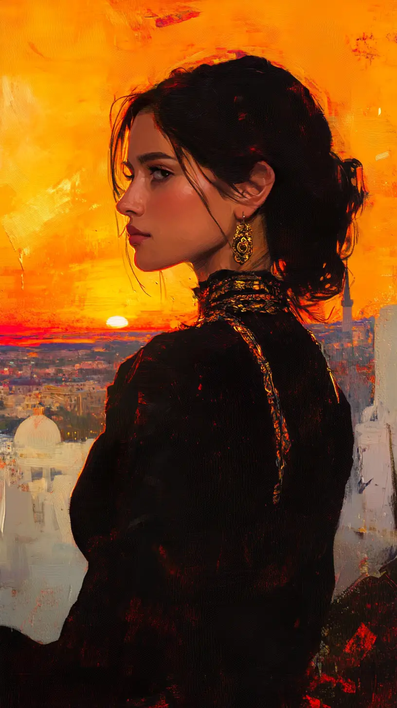 Mujer argelina con karakou negro al atardecer sobre Argel