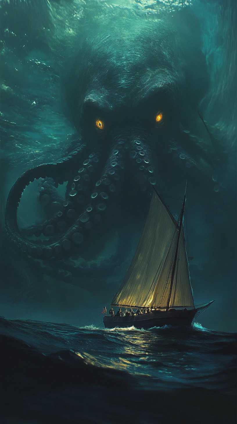 Riesiger Oktopus erhebt sich unter einem hölzernen Segelboot in der Dämmerung