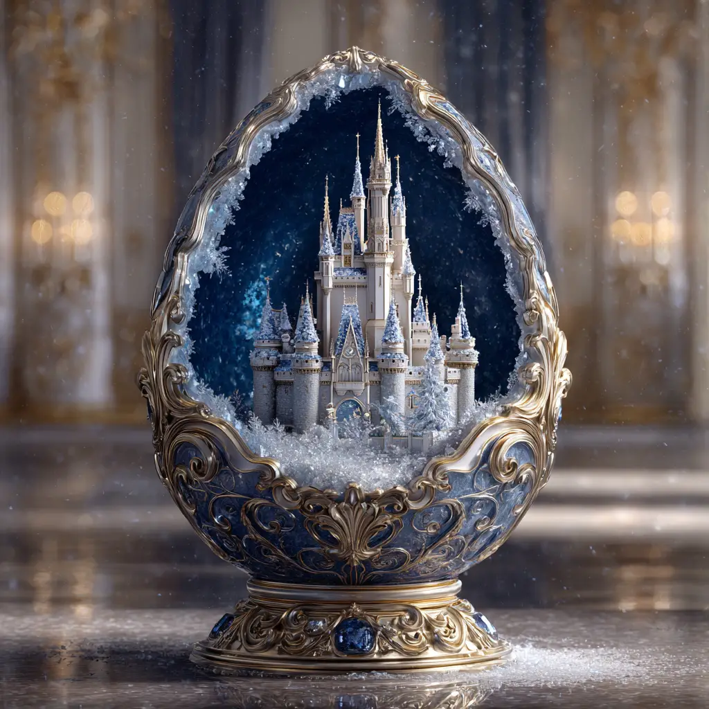 Huevo al estilo Fabergé con miniatura de castillo de nieve en su interior