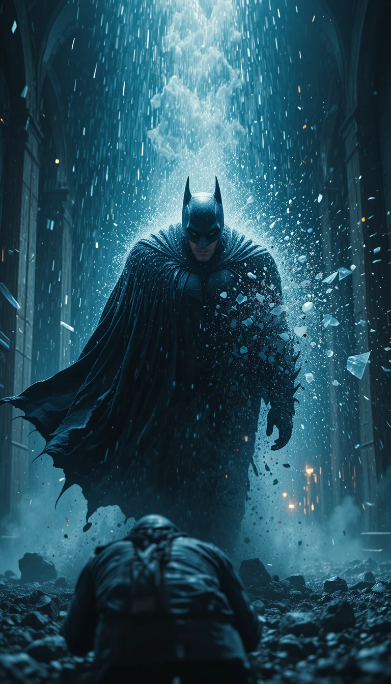 Masked superhero striking a criminal from deep shadows