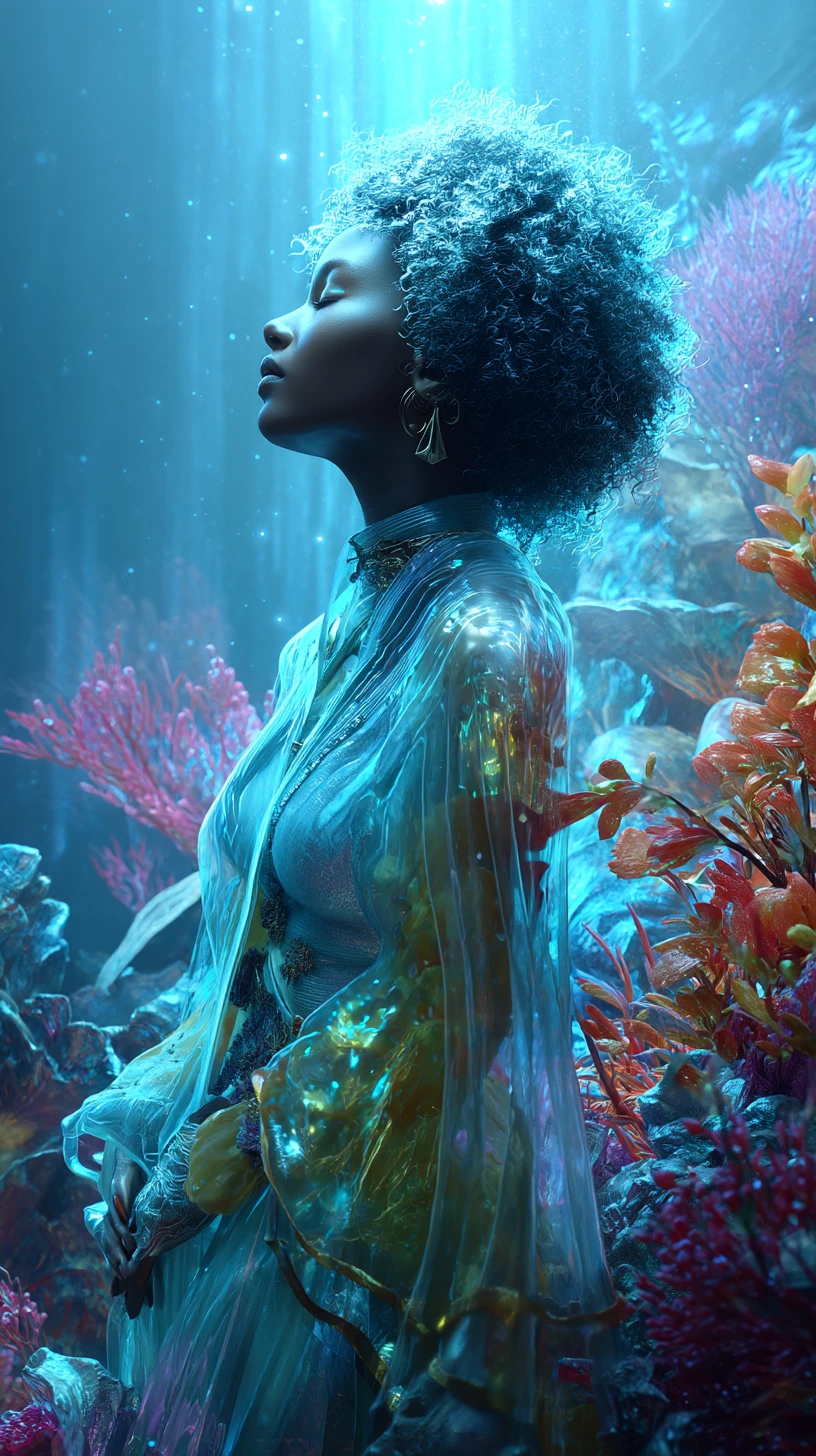 Afrofuturistic woman rising from a glowing ocean