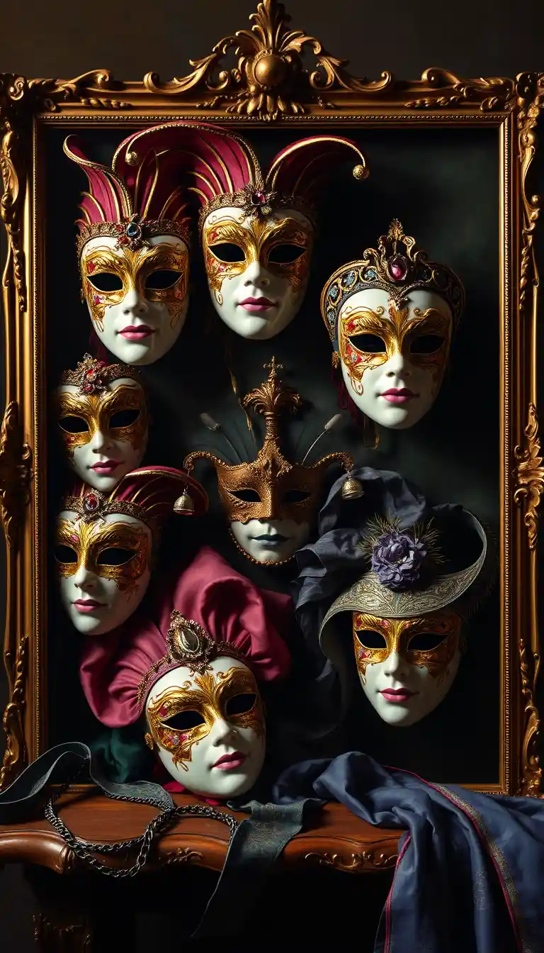 Máscaras de carnaval venecianas de porcelana en exhibición con marcos ornamentados