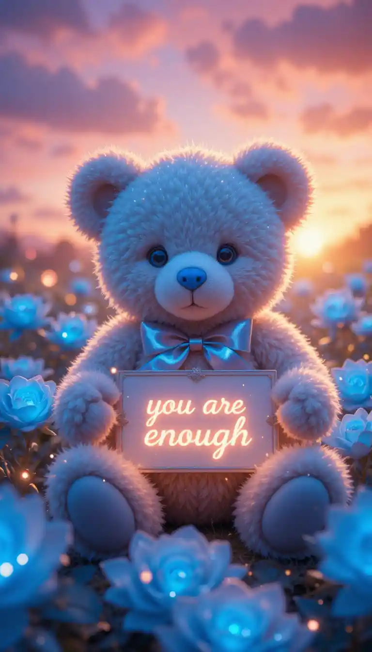 Magical teddy bear with glowing message in rose garden