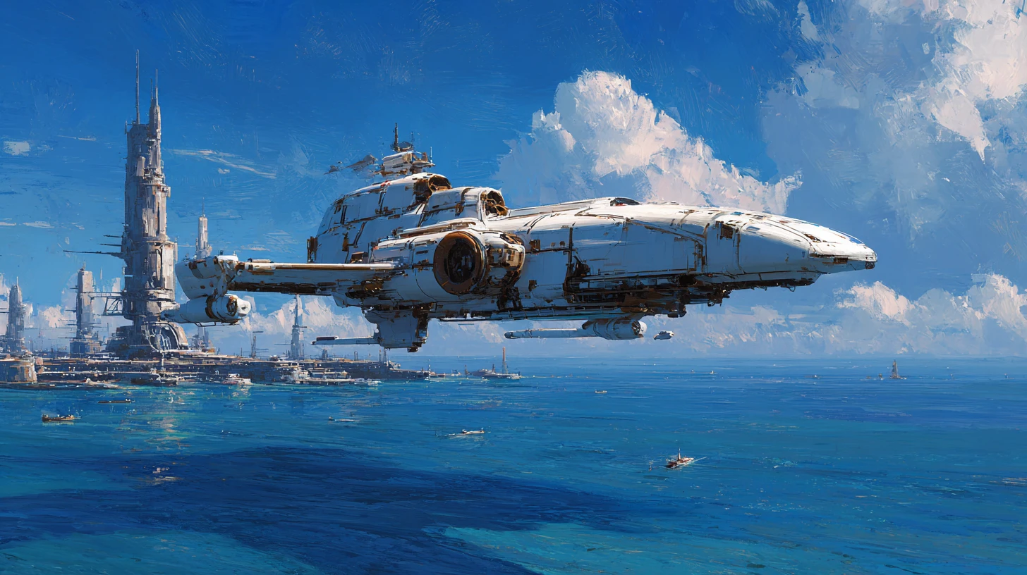 Oil painting of a sci fi spaceship over an alien ocean