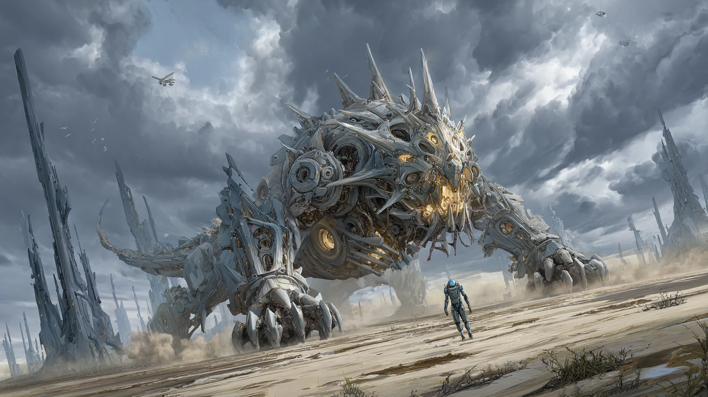 Astronaut Facing Colossal Biomechanical Beast On Alien World