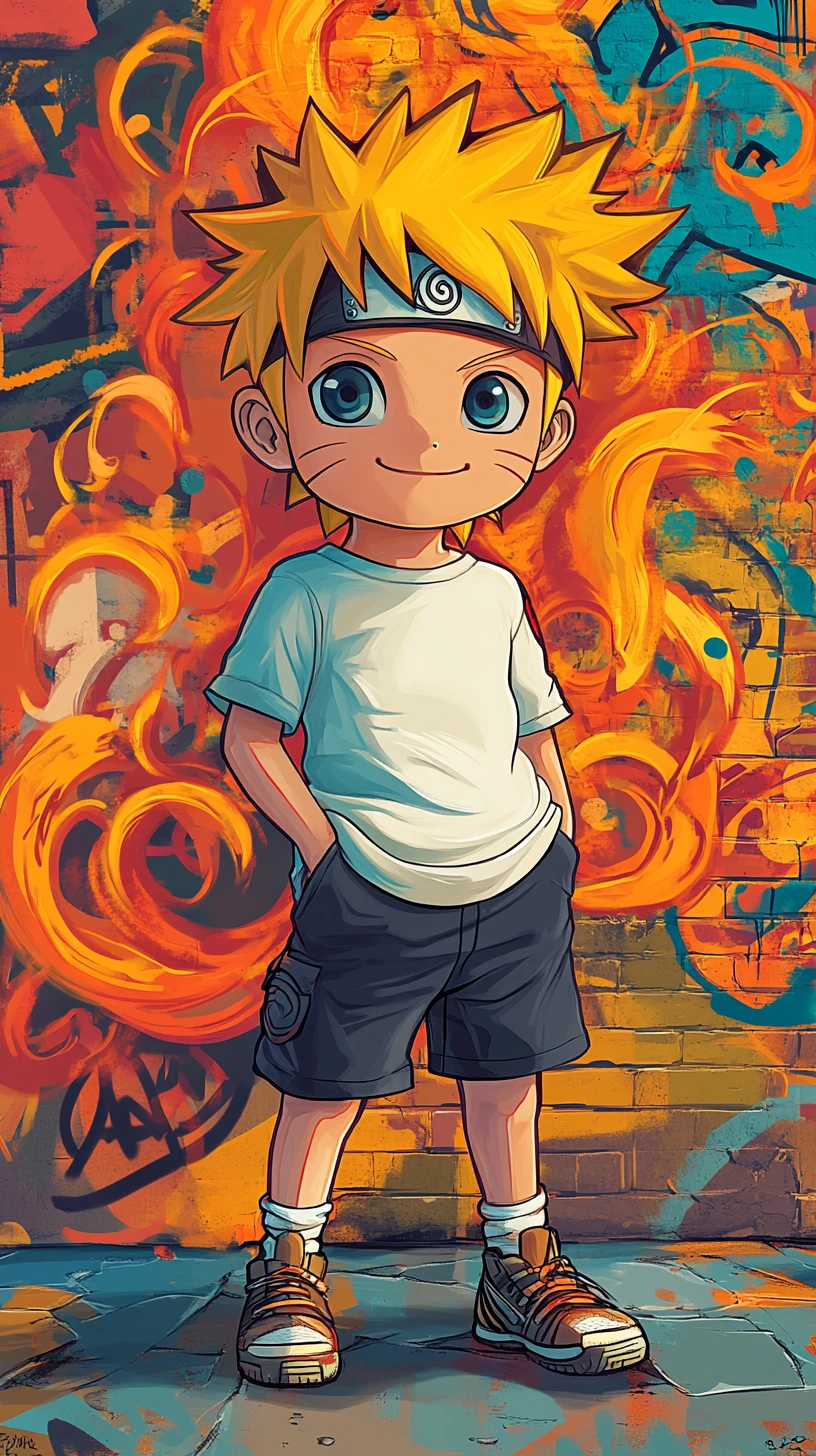 Chico anime chibi posando frente a un muro de grafiti en llamas
