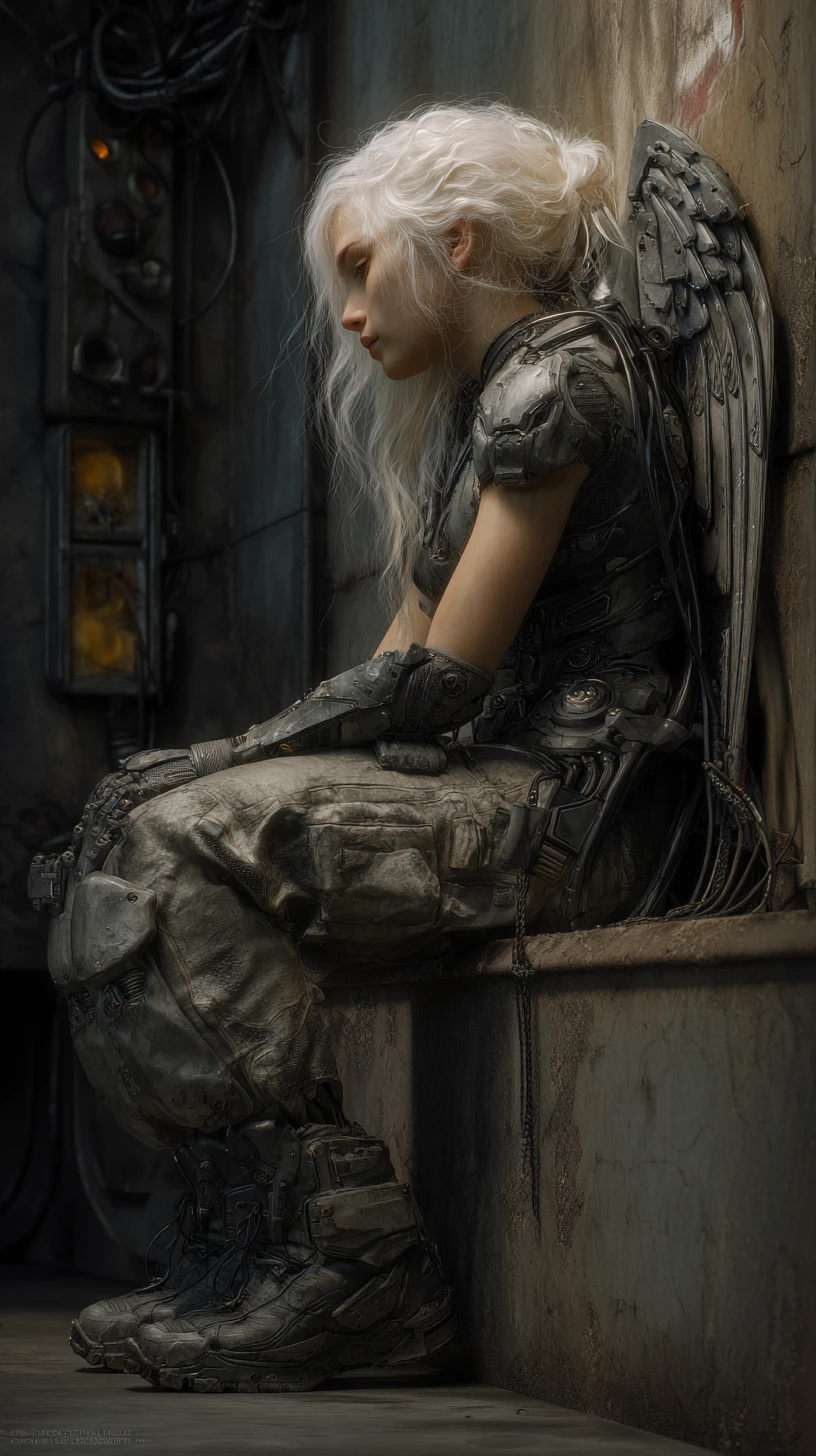 Jovem androide feminina com asas industriais em sci-fi sombrio