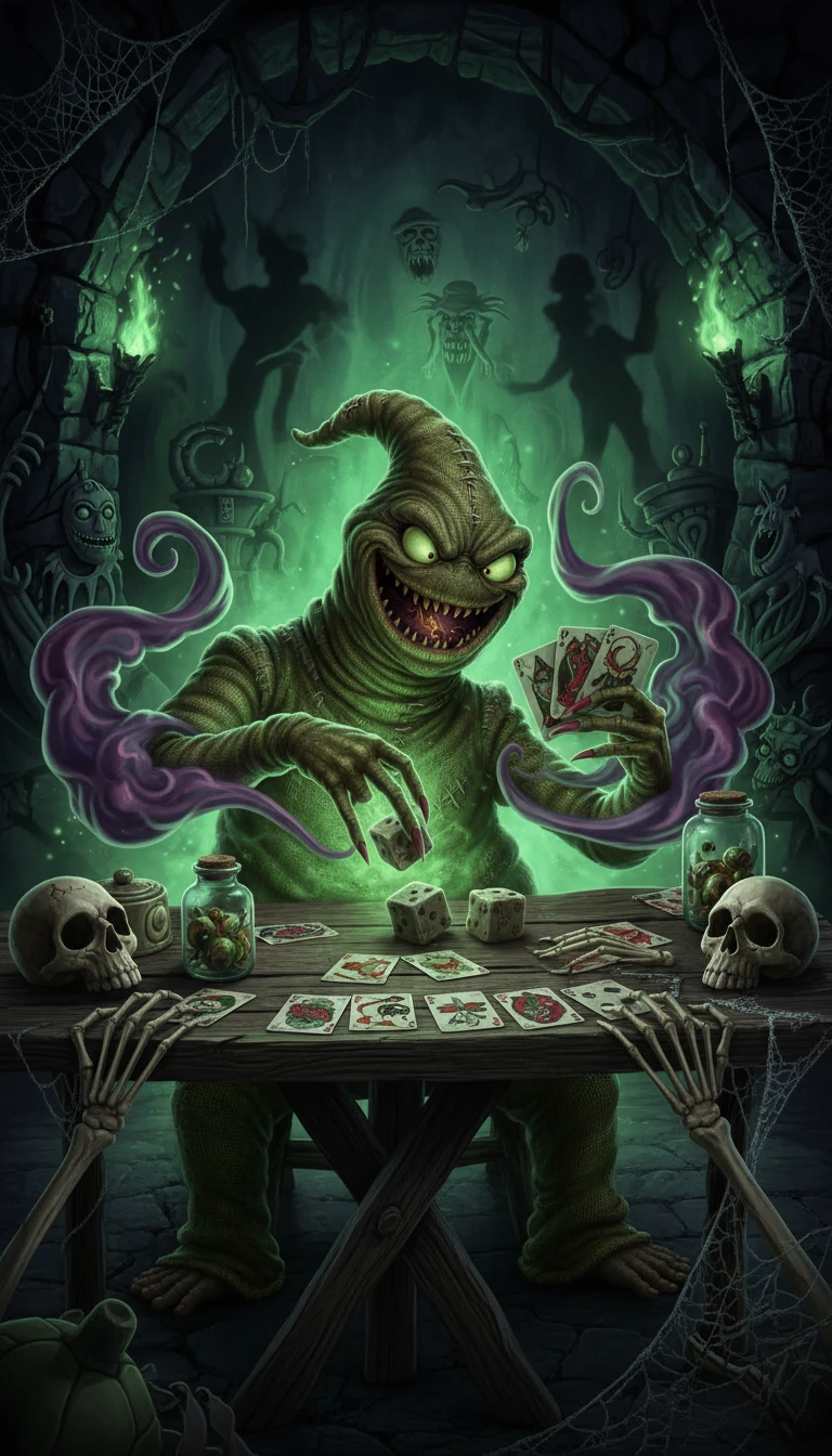 Monstruo aterrador en una mesa con inquietante iluminación verde