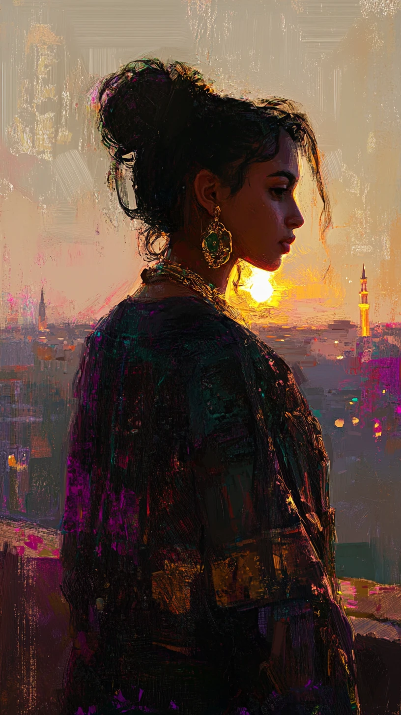 Femme algérienne en karakou noir au coucher du soleil sur la ville