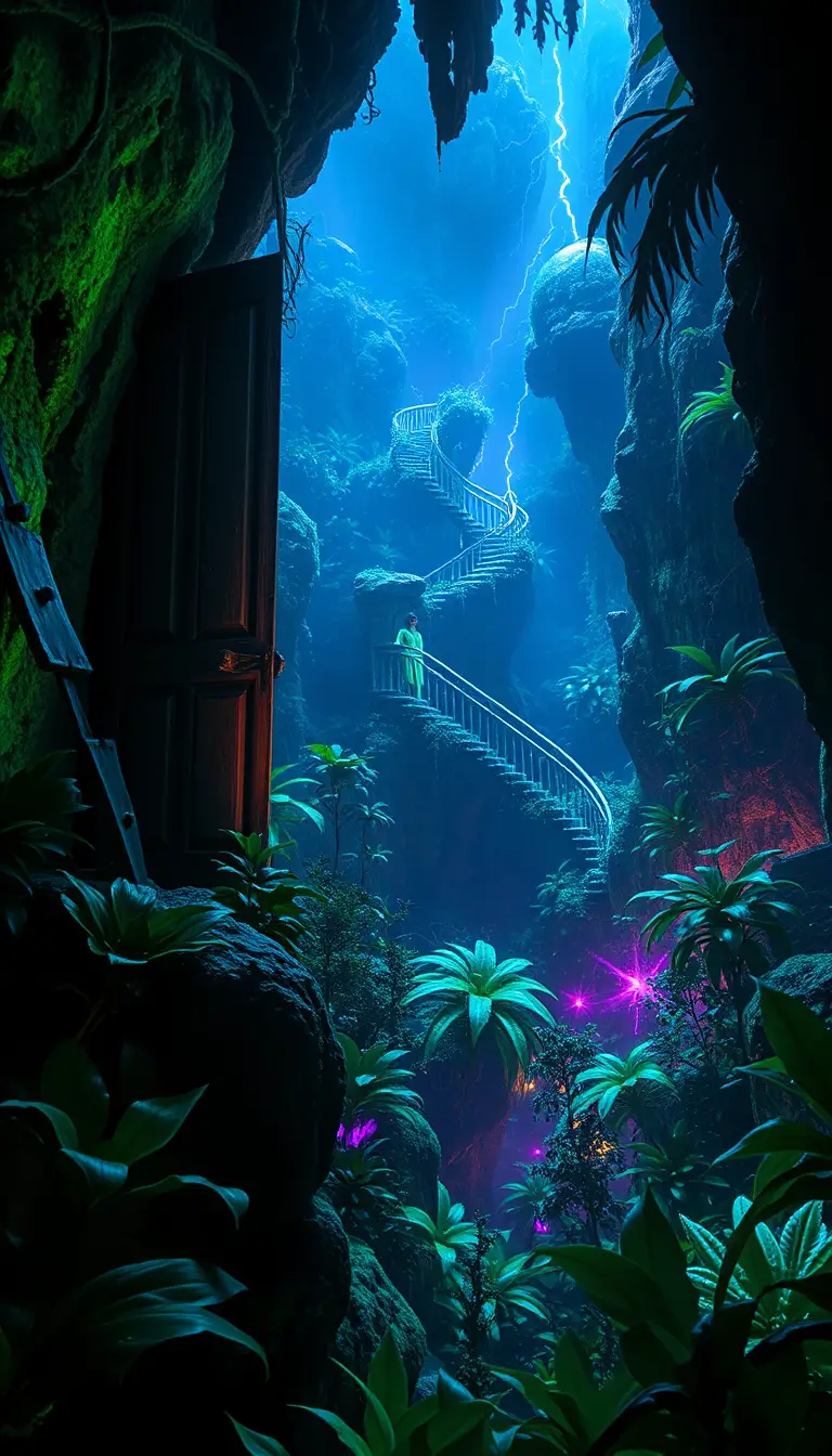 Glowing Alien Jungle With Doorway To A Dark Human Room