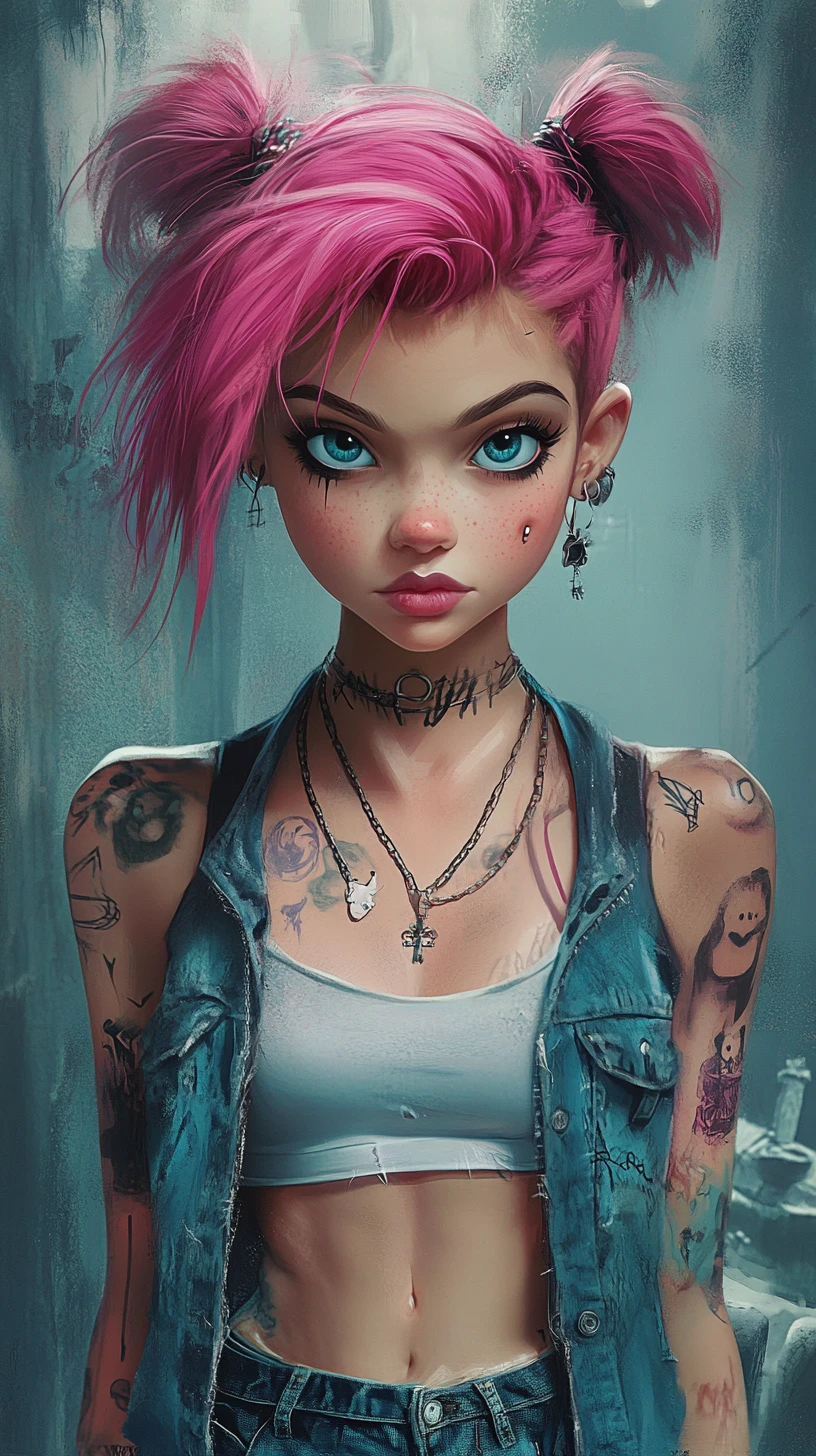 Punk-Goth-Mädchen mit pinken Haaren auf einem dunklen Friedhof