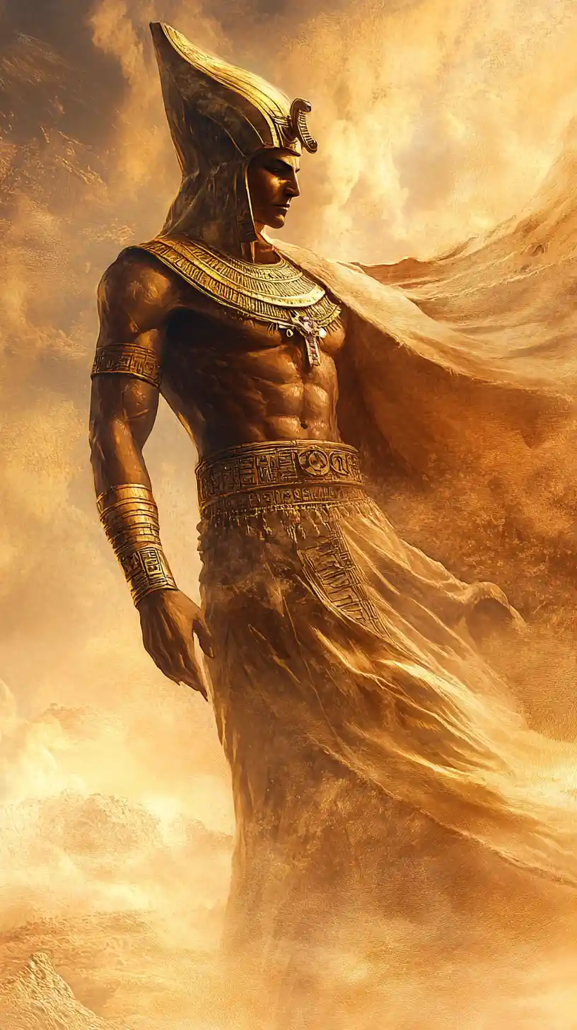 Ancient Egyptian pharaoh in a swirling desert sandstorm