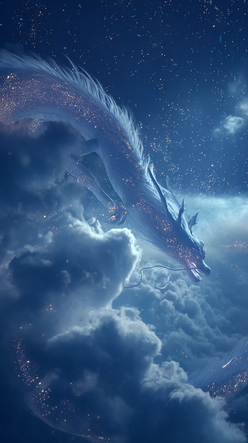 Majestic white dragon flying through a dreamy starry sky