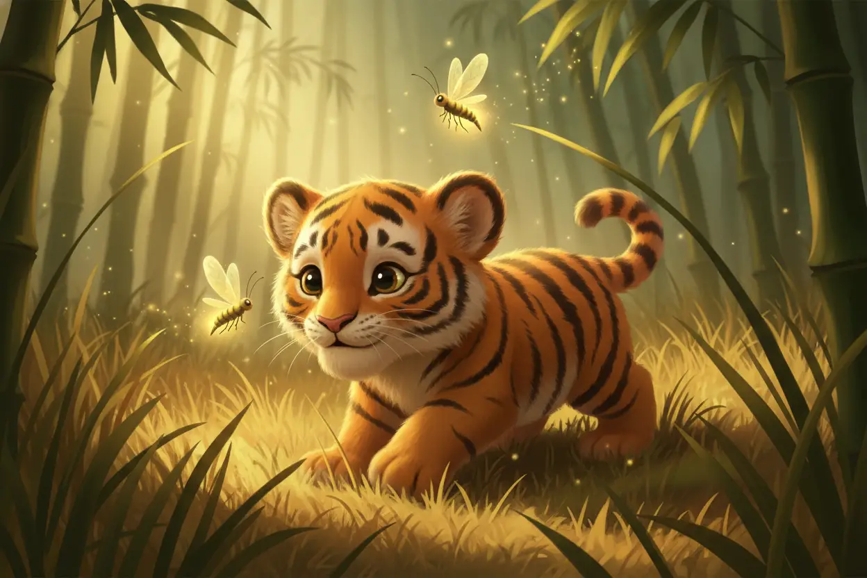 Playful tiger cub with glowing fireflies in bamboo grass
