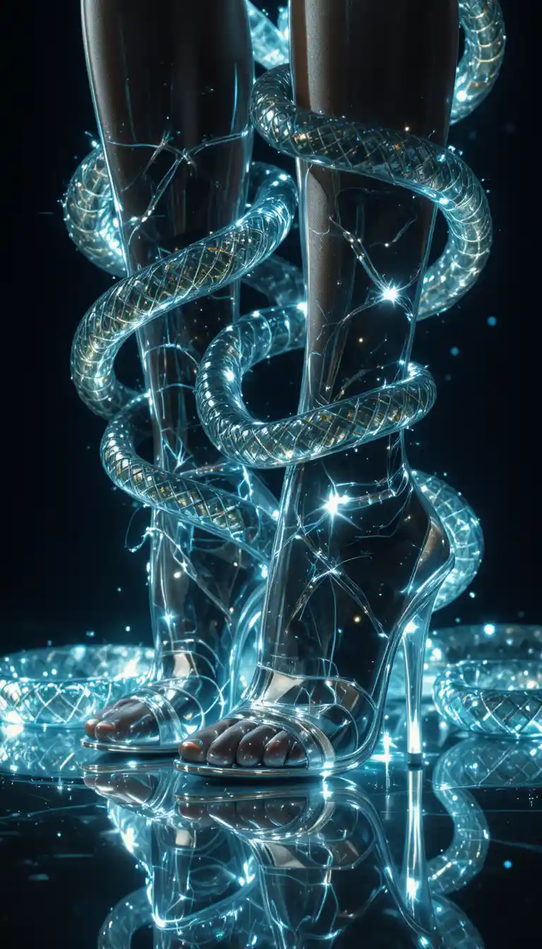 High heels surrounded by glowing glass snakes on mirror floor