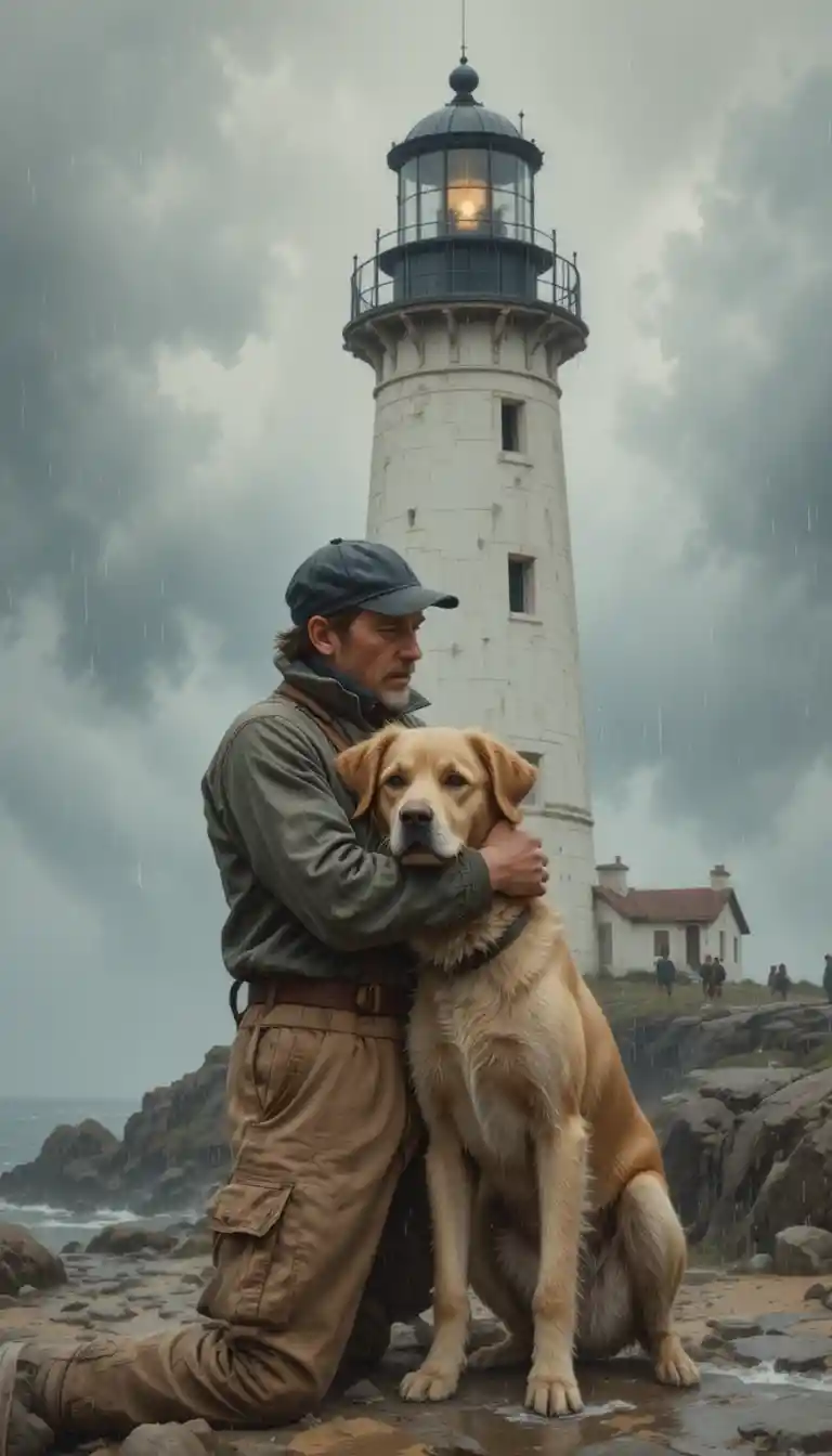 Lighthouse keeper hugging his loyal dog in gentle rain