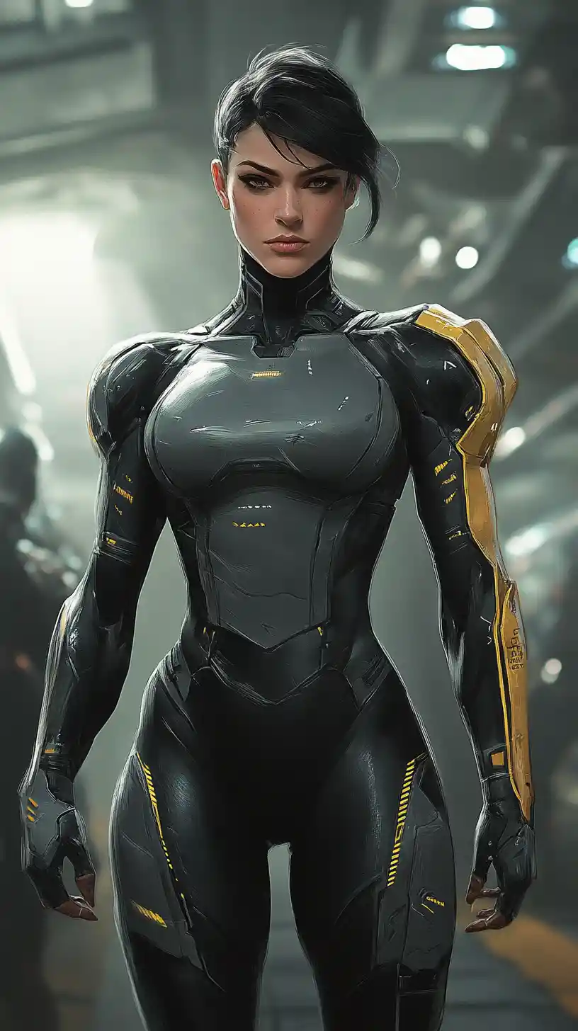Sci-Fi-Porträt einer Kriegerin im Raumschiff-Hangar