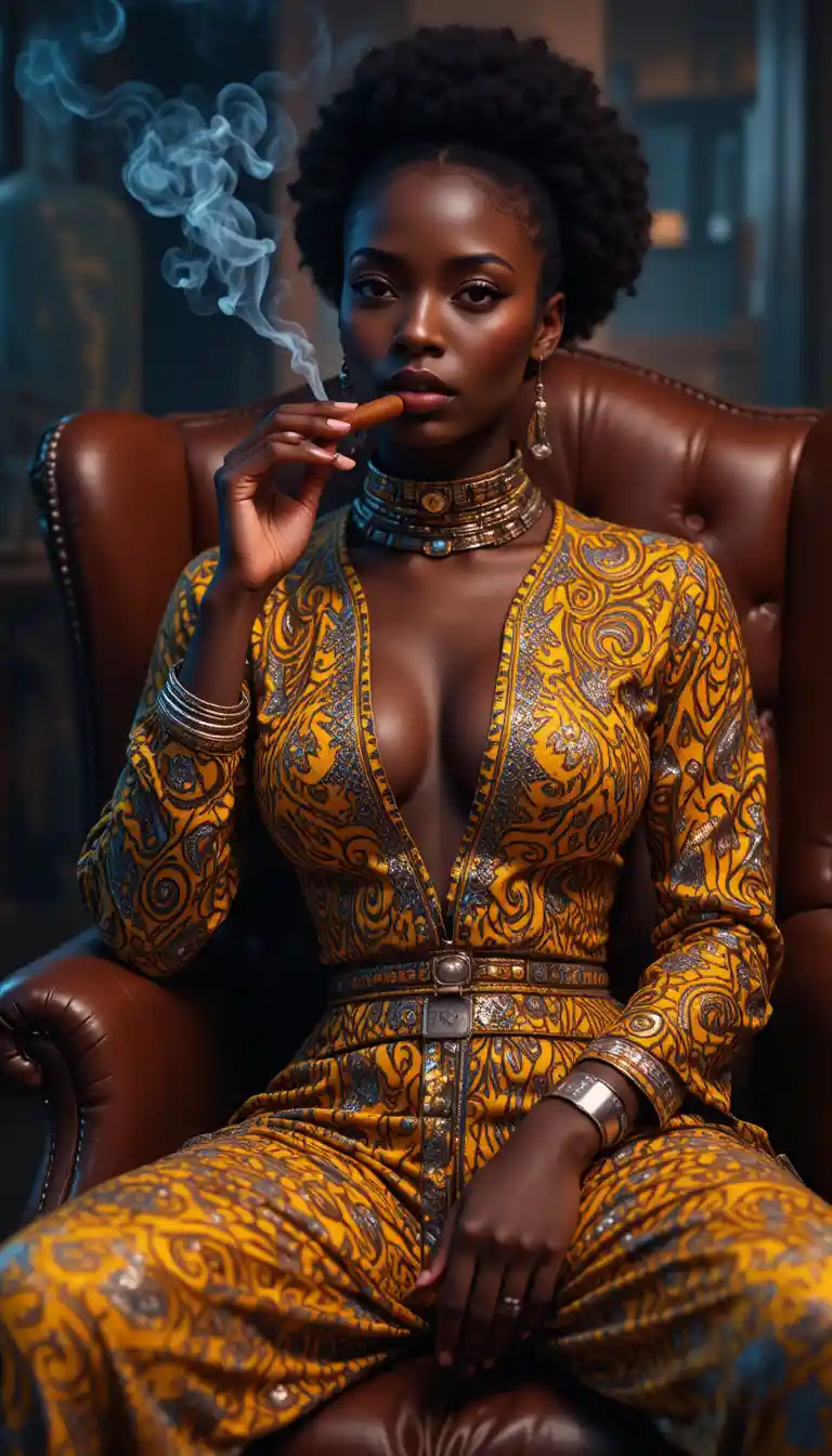 Mujer afrofuturista fumando un puro en sillón de cuero