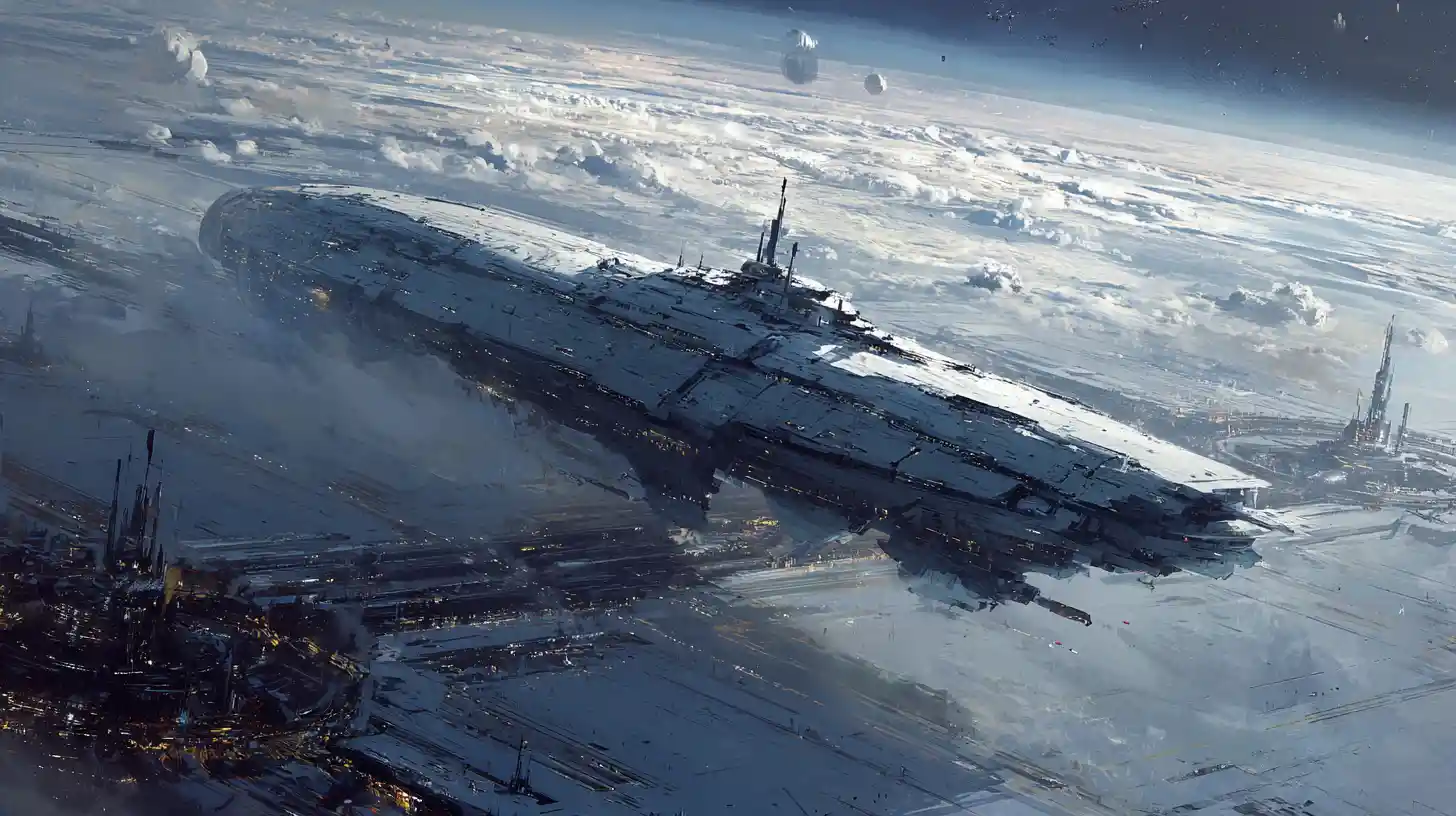 Dipinto a olio di un'astronave che scivola su un oceano alieno