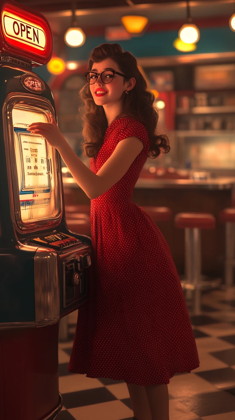 Smiling woman in red polka dot dress by jukebox
