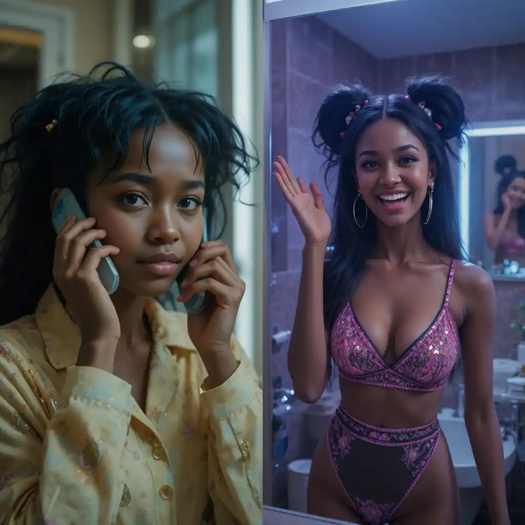 Worried African girl on phone in hostel bedroom at night