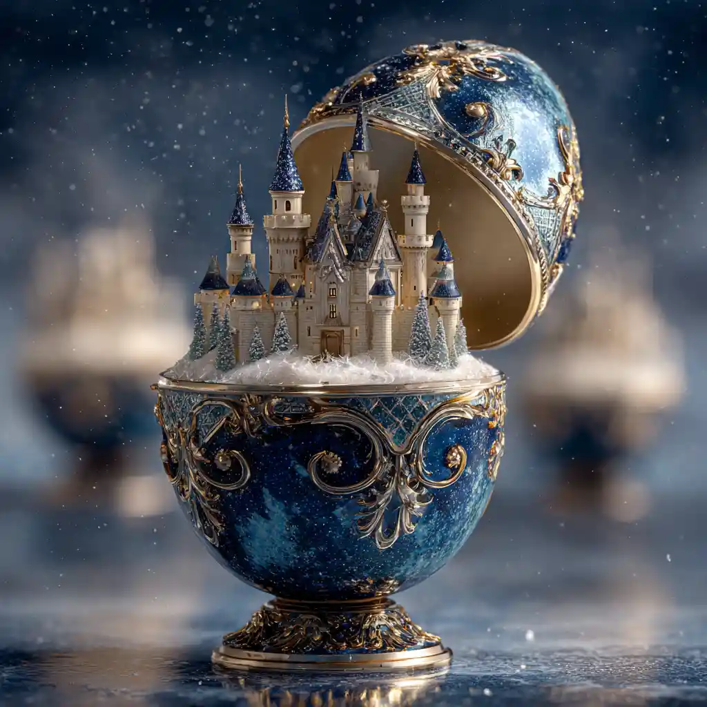 Œuf de style Fabergé avec château miniature enneigé à l'intérieur