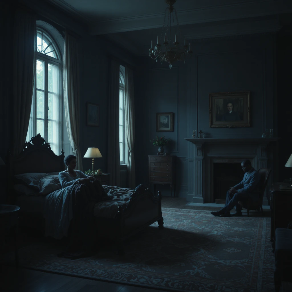 Mother alone at night in a mansion bedroom