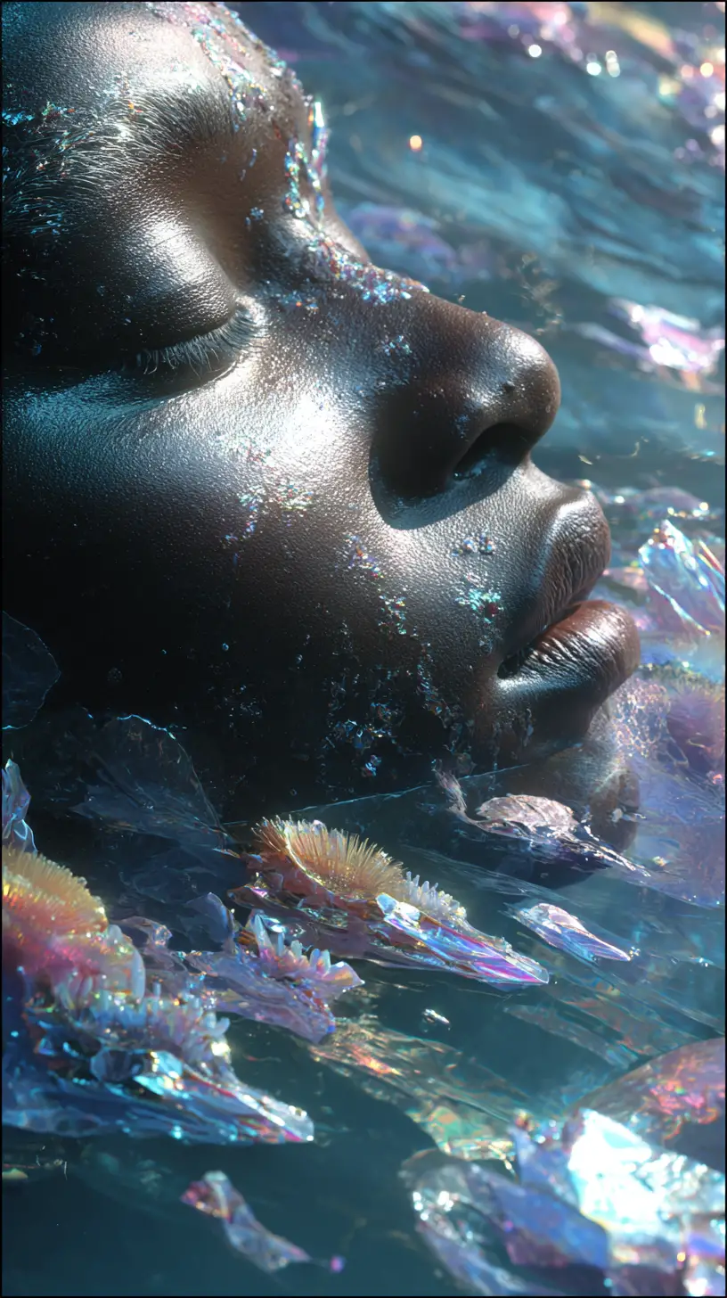 Donna afrofuturista che si fonde con un oceano surreale