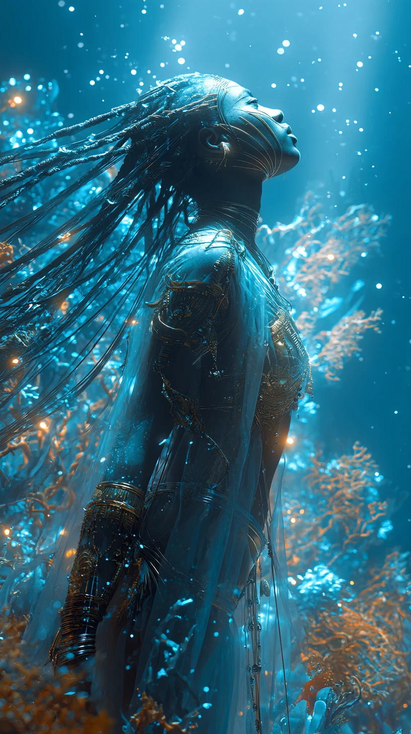 Majestic Afrofuturistic woman rising from a glowing ocean