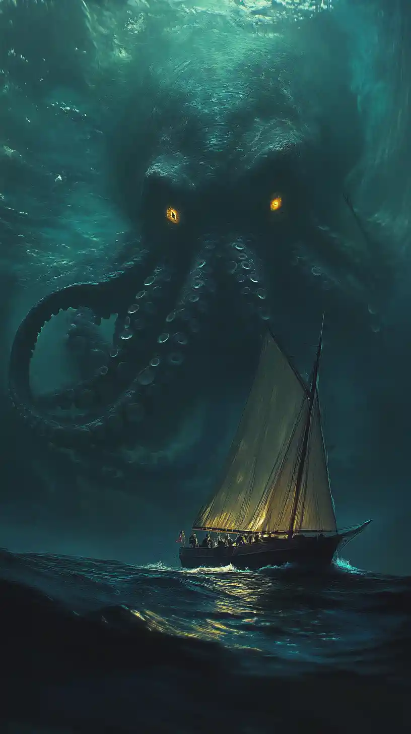 Riesiger Oktopus erhebt sich unter einem hölzernen Segelboot in der Dämmerung