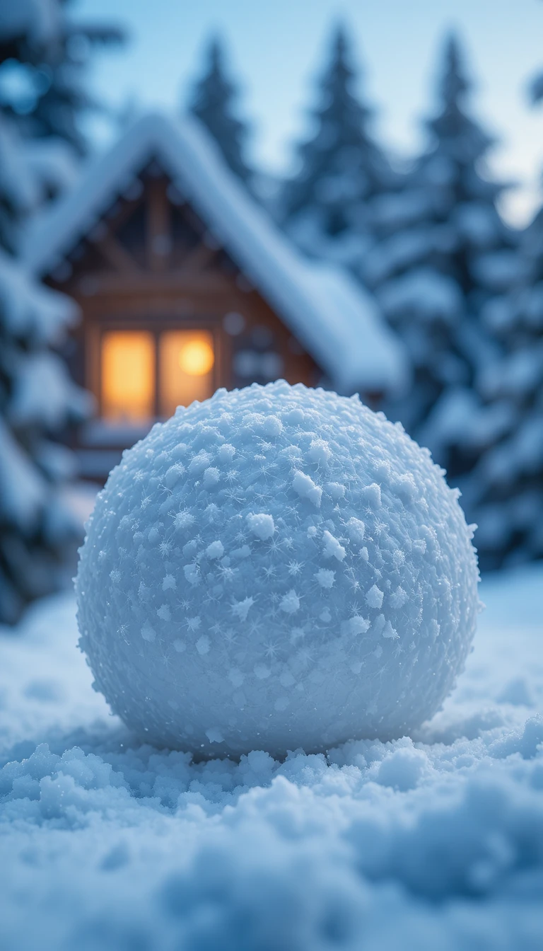 Bola de nieve en primer plano sobre la nieve al atardecer de invierno