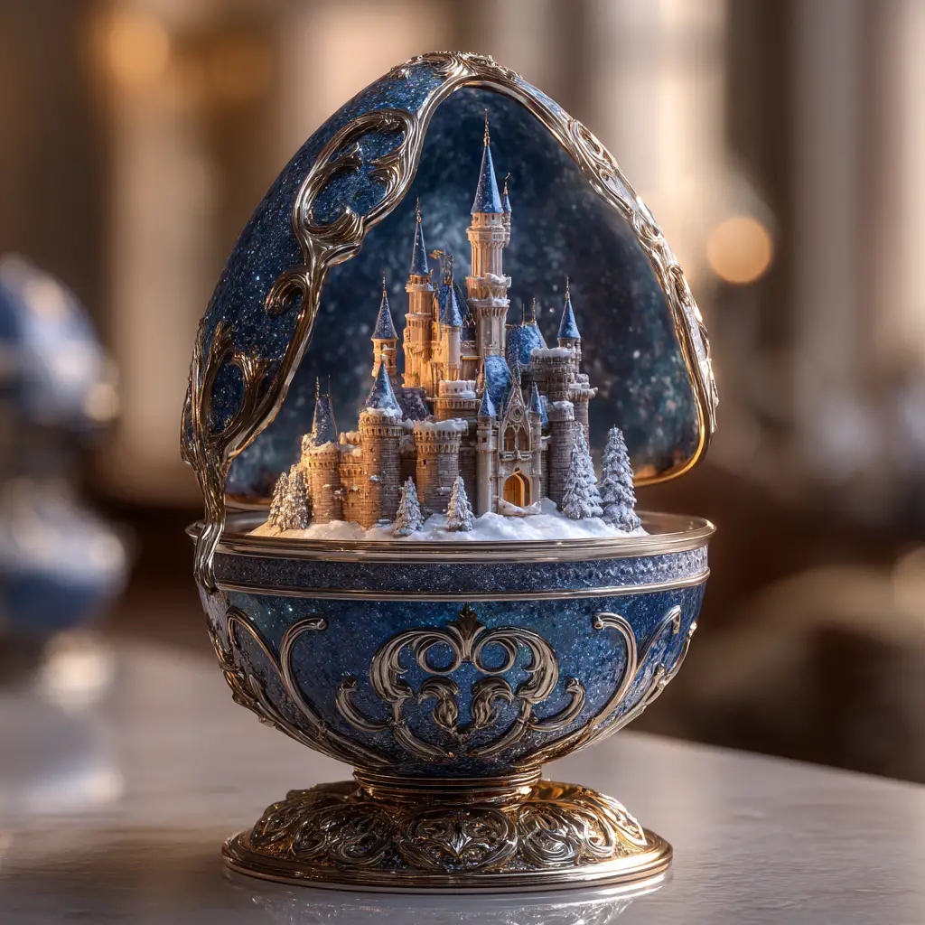 Huevo de estilo Fabergé con miniatura de castillo de nieve en su interior