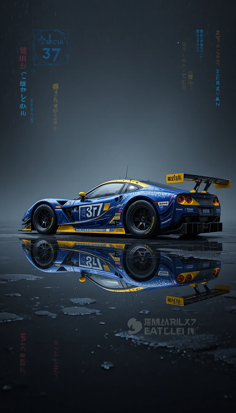 Blau-gelbes Rennauto in Seitenansicht auf nasser, reflektierender Strecke