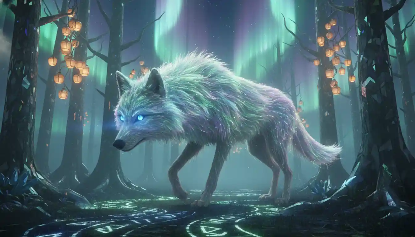 Spectral wolf walking through an inverted crystal fantasy forest