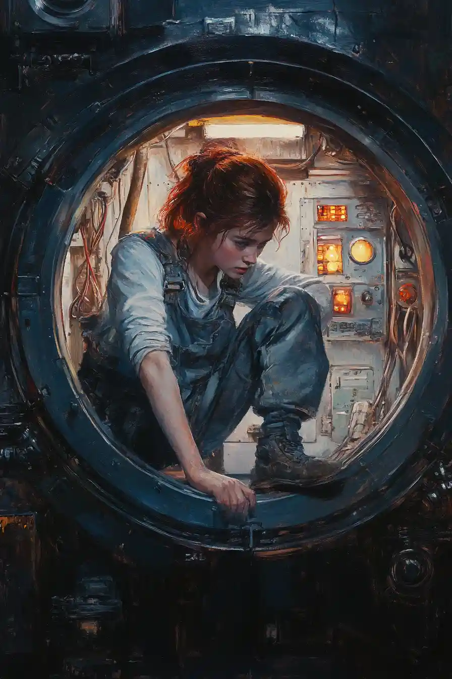Teen girl in overalls peering through glowing spaceship hatch