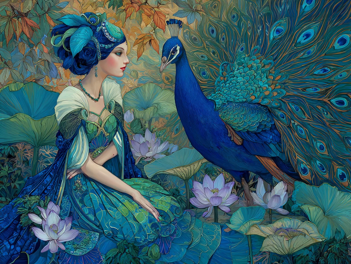 Ethereal Peacock Haired Goddess In A Secret Garden