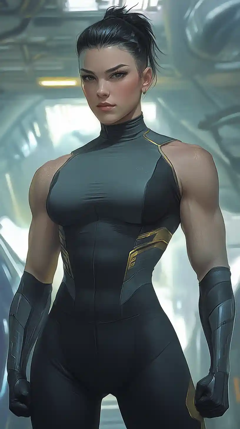 Futuristic female warrior in a glowing spaceship hangar