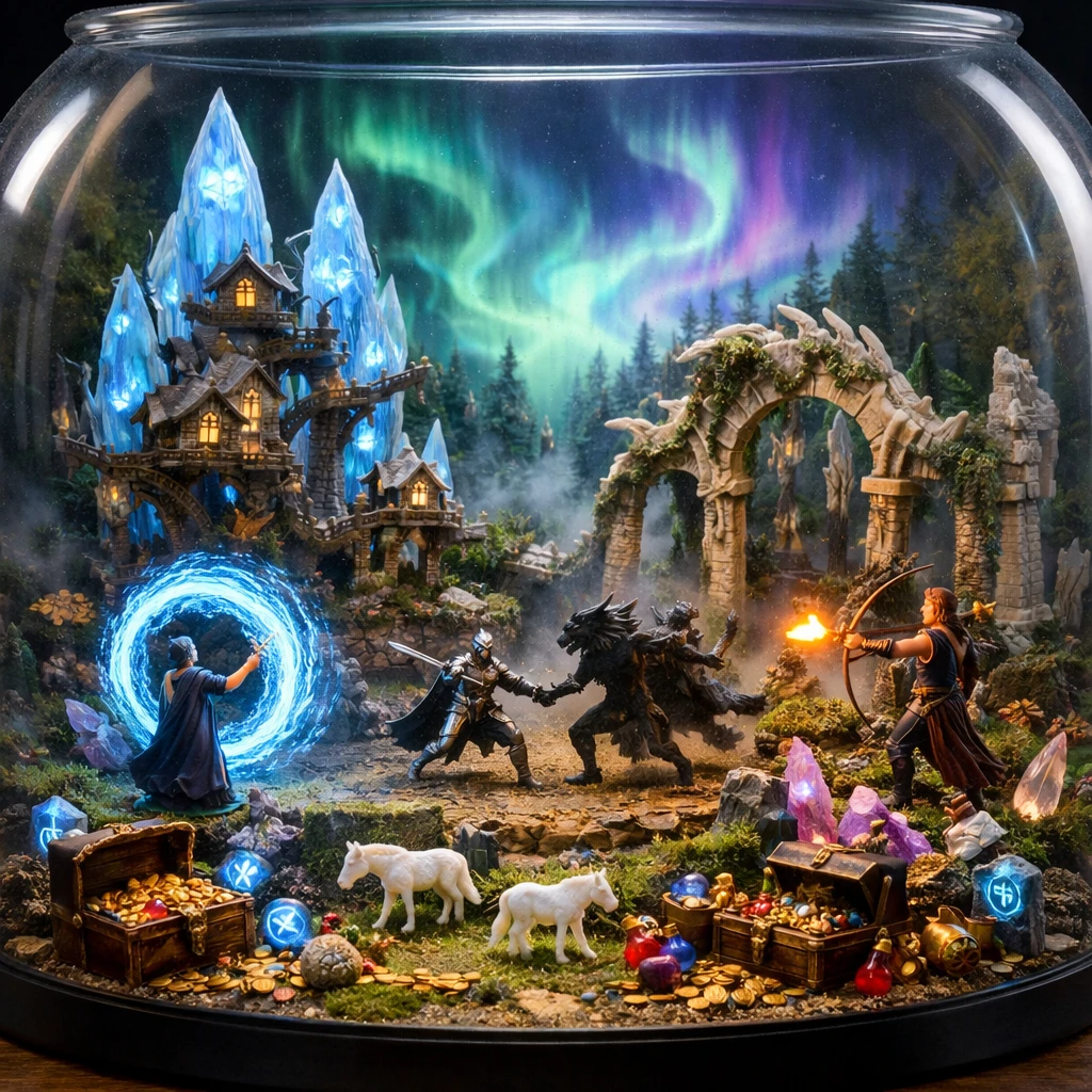 Miniature fantasy diorama of crystal towers and treehouses