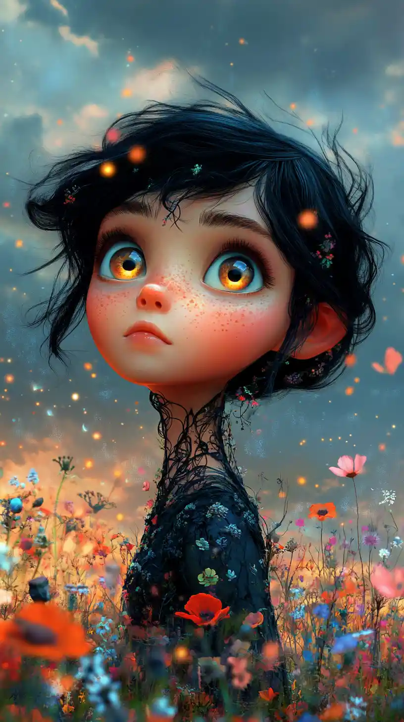 Melancholic girl glowing softly in a wildflower field