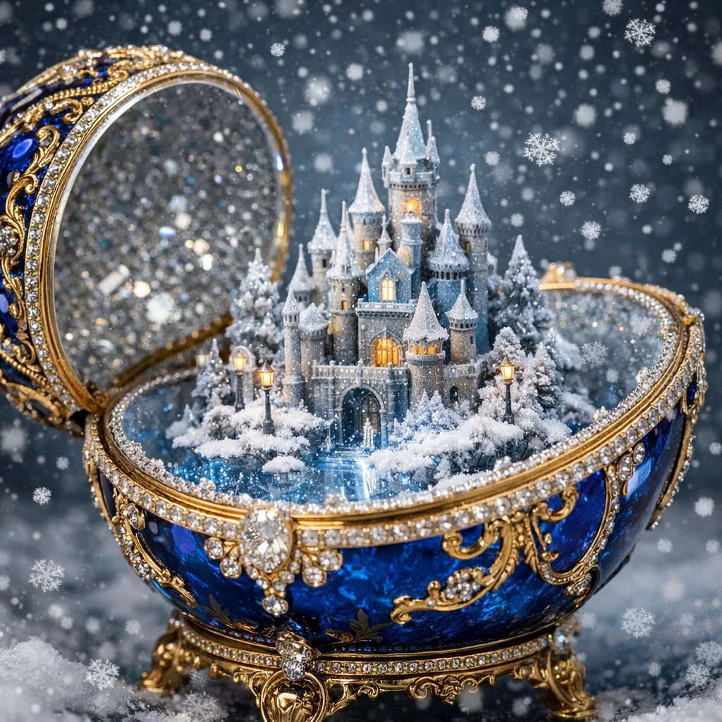 Huevo estilo Fabergé abierto que revela un castillo miniatura nevado