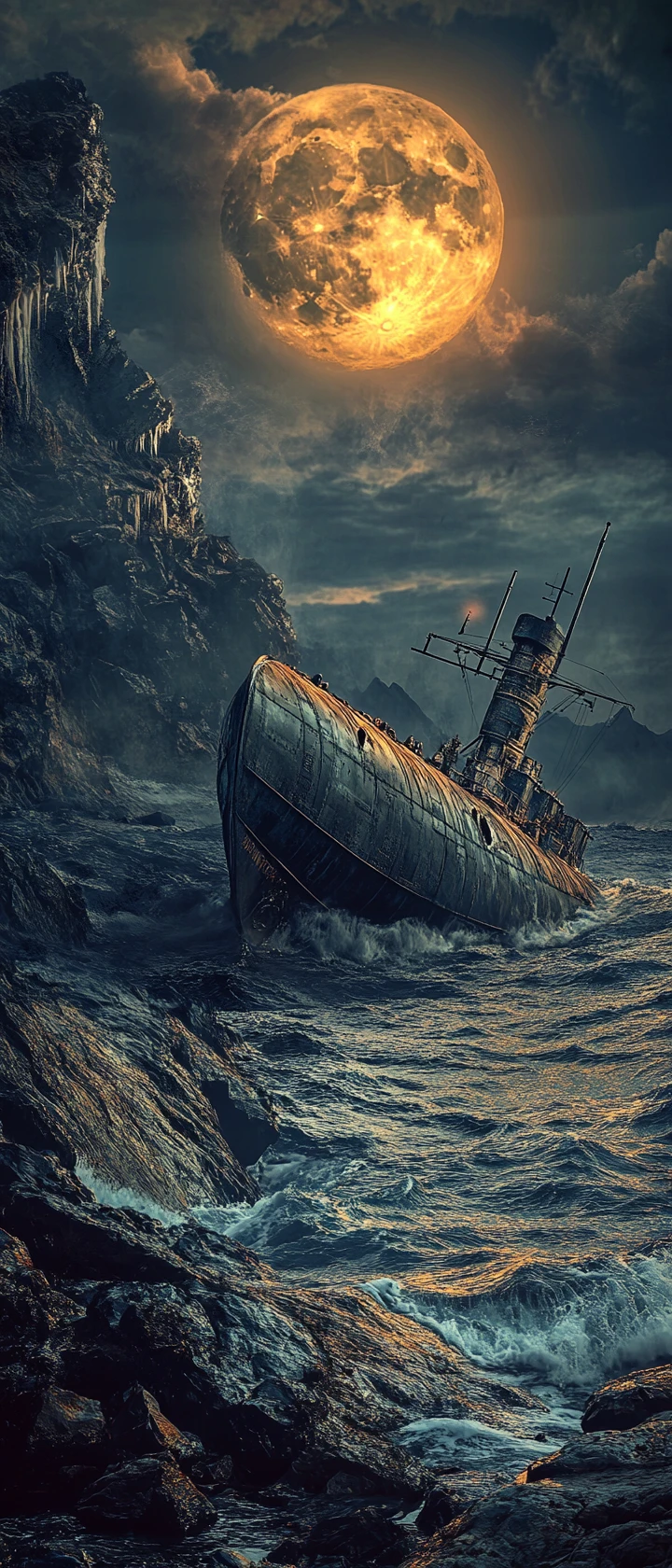 Steampunk-U-Boot auf mondbeschienener felsiger Küste gestrandet