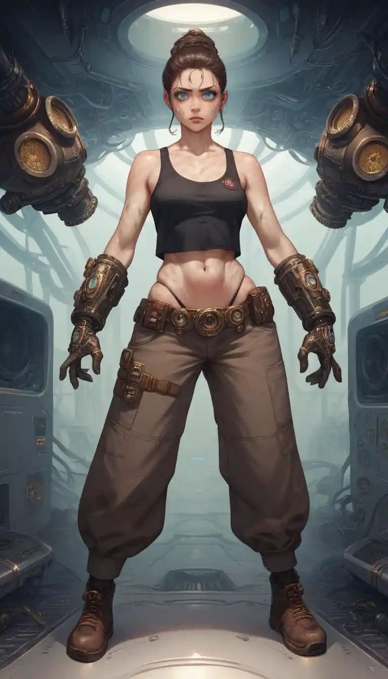 Anime fantasy woman dancing in a steampunk city