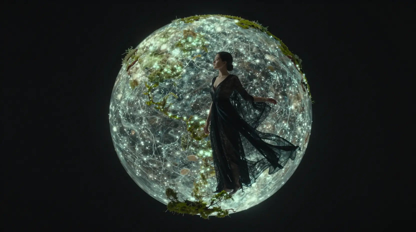 Young woman floating with glowing moss covered sphere
