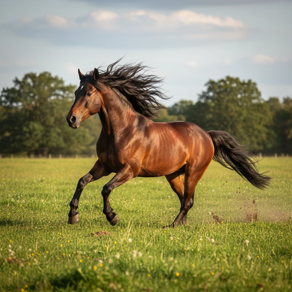 Caballo corriendo a través de un campo verde y frondoso en pleno galope