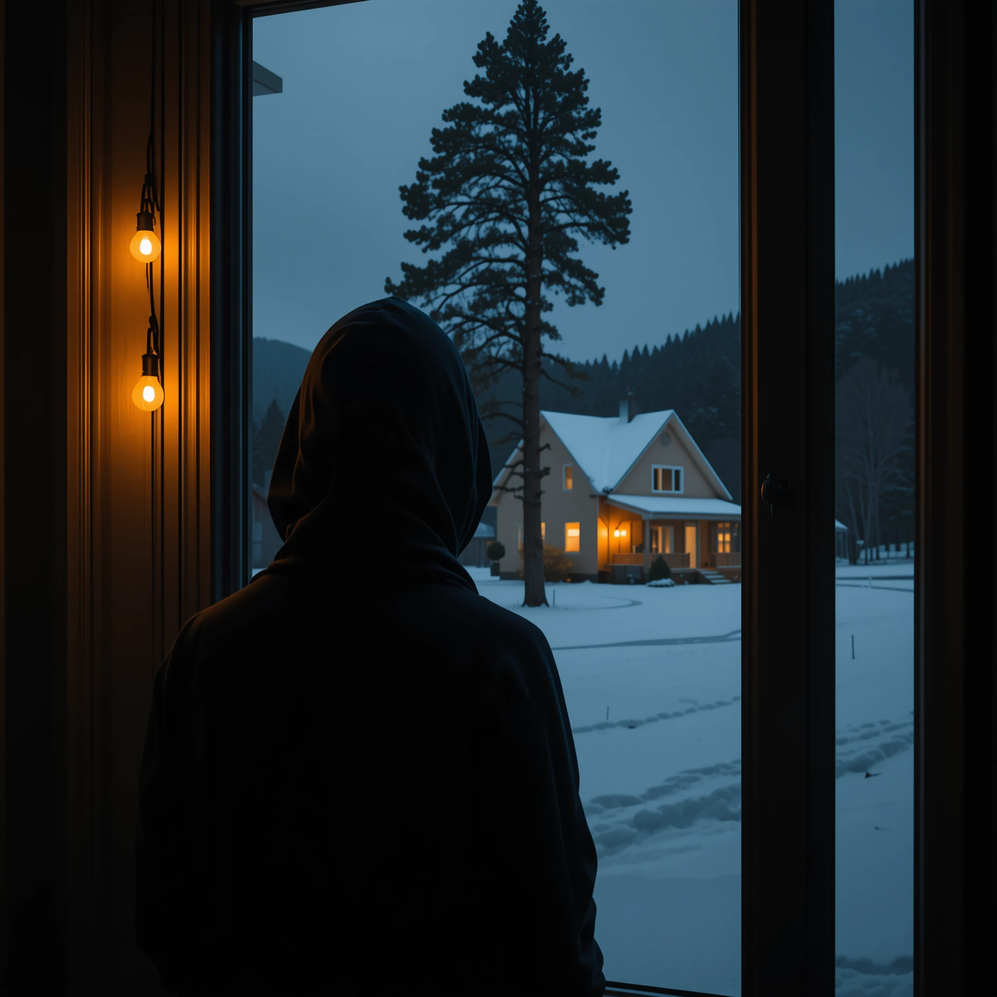 Hooded silhouette watching snowy street through window at night