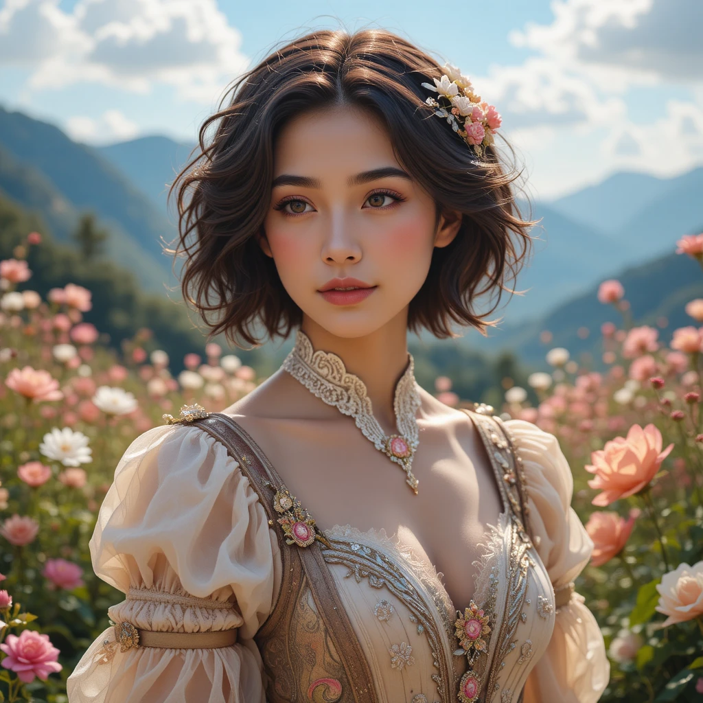 Young woman in ornate fantasy dress in flower garden