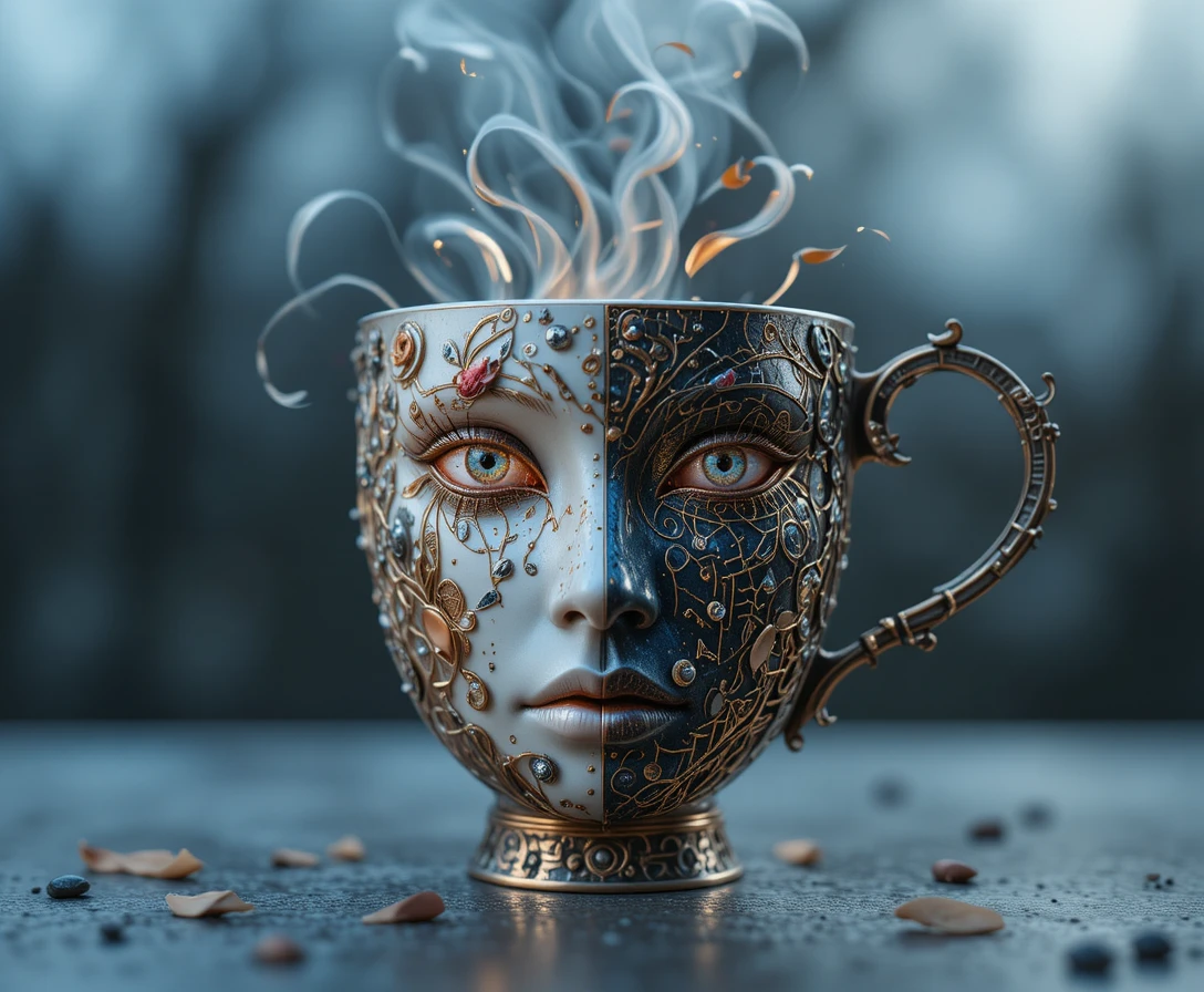 Máscara surreal de taza de café con grabados musicales en la sombra